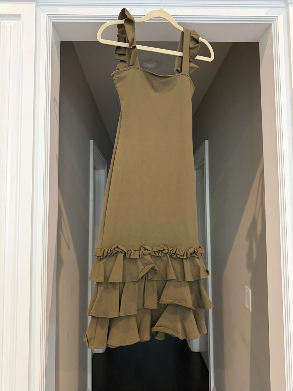 Ruffle-Hem Midi Dress in Olive Green with Shoulder Ruffles